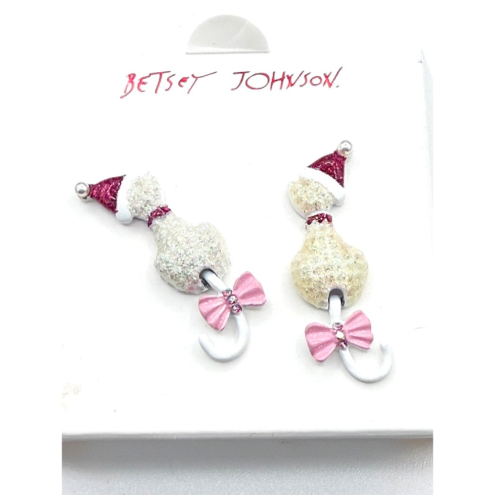 Betsey Johnson Holiday Christmas Santa Hat White Cat Drop Earrings *NEW* Boxed - Picture 4 of 4